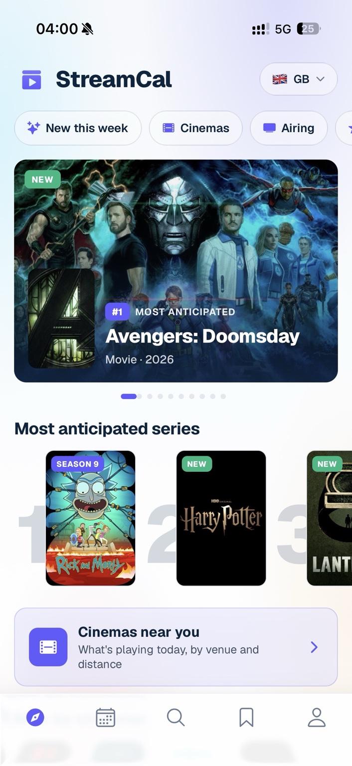 StreamCal app home — this week's premieres and your shelf
