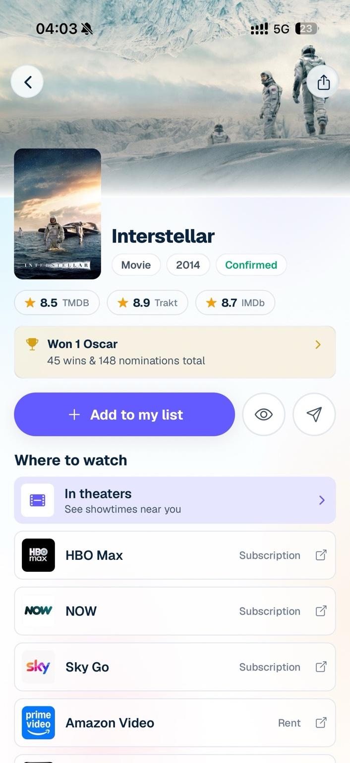 StreamCal app title page — ratings, awards and where to watch