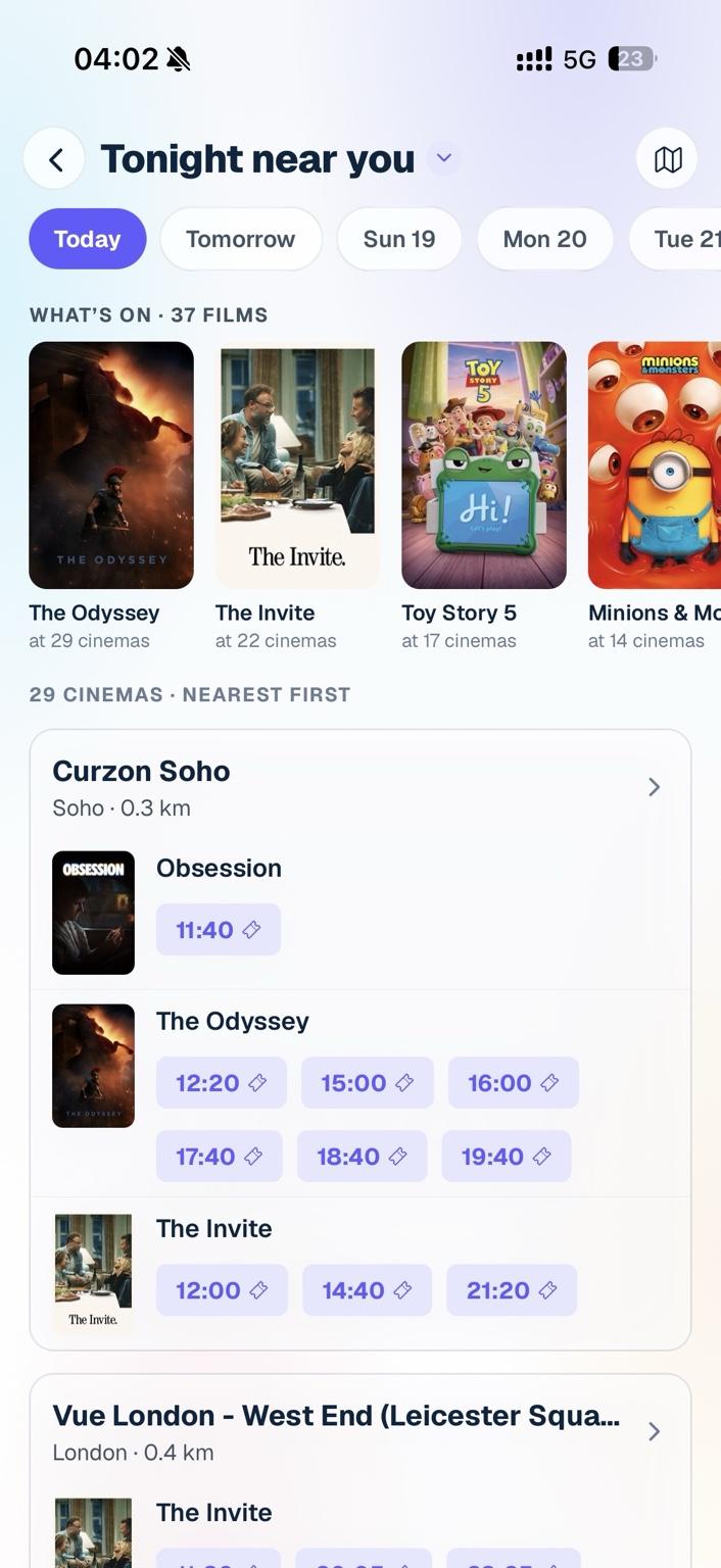 StreamCal app — Tonight near you: showtimes by cinema, nearest first