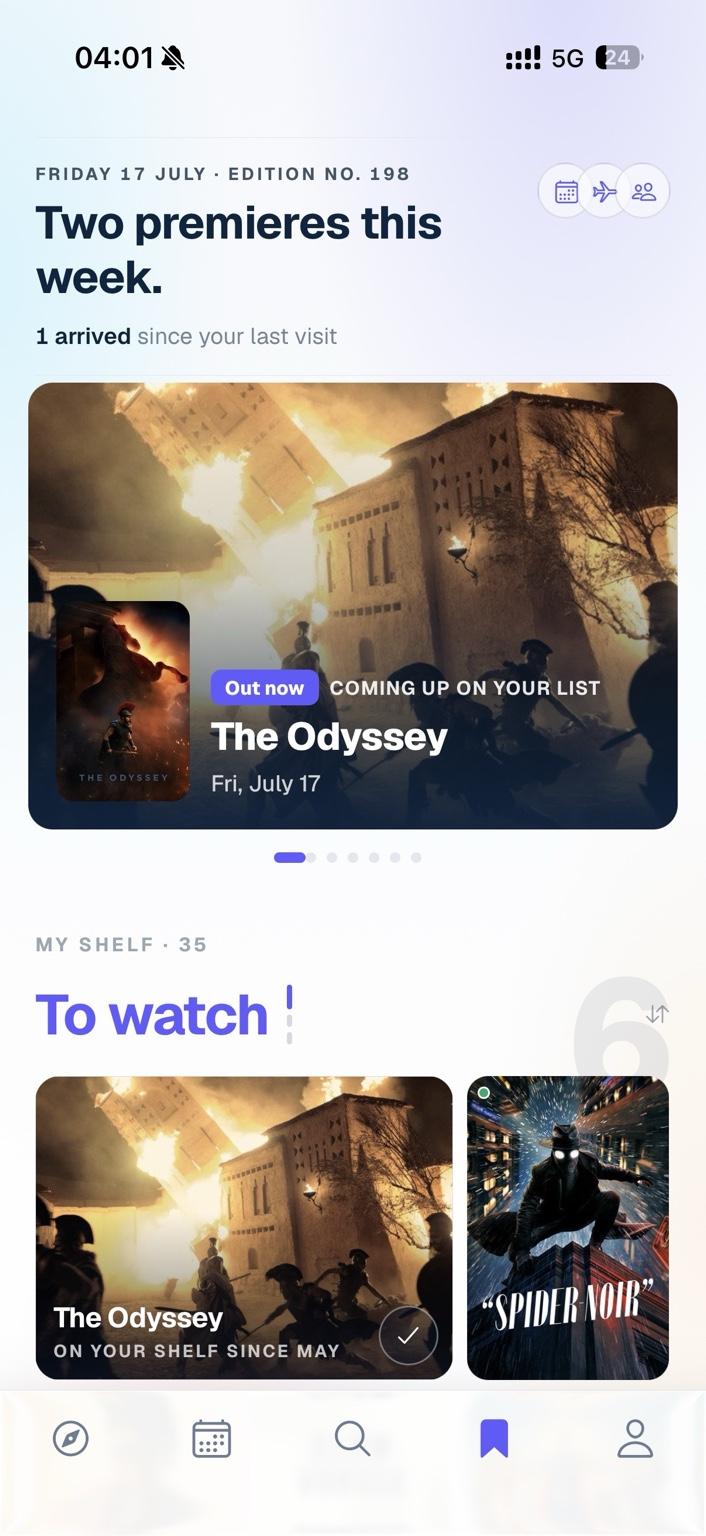 StreamCal app — your shelf: this week's premieres and your To watch list