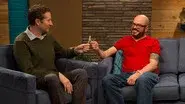 David Cross Wears a Red Polo Shirt & Brown Shoes with Red Laces still
