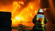 Major fire in a tire warehouse | Firefighter trainees on fox rescue still
